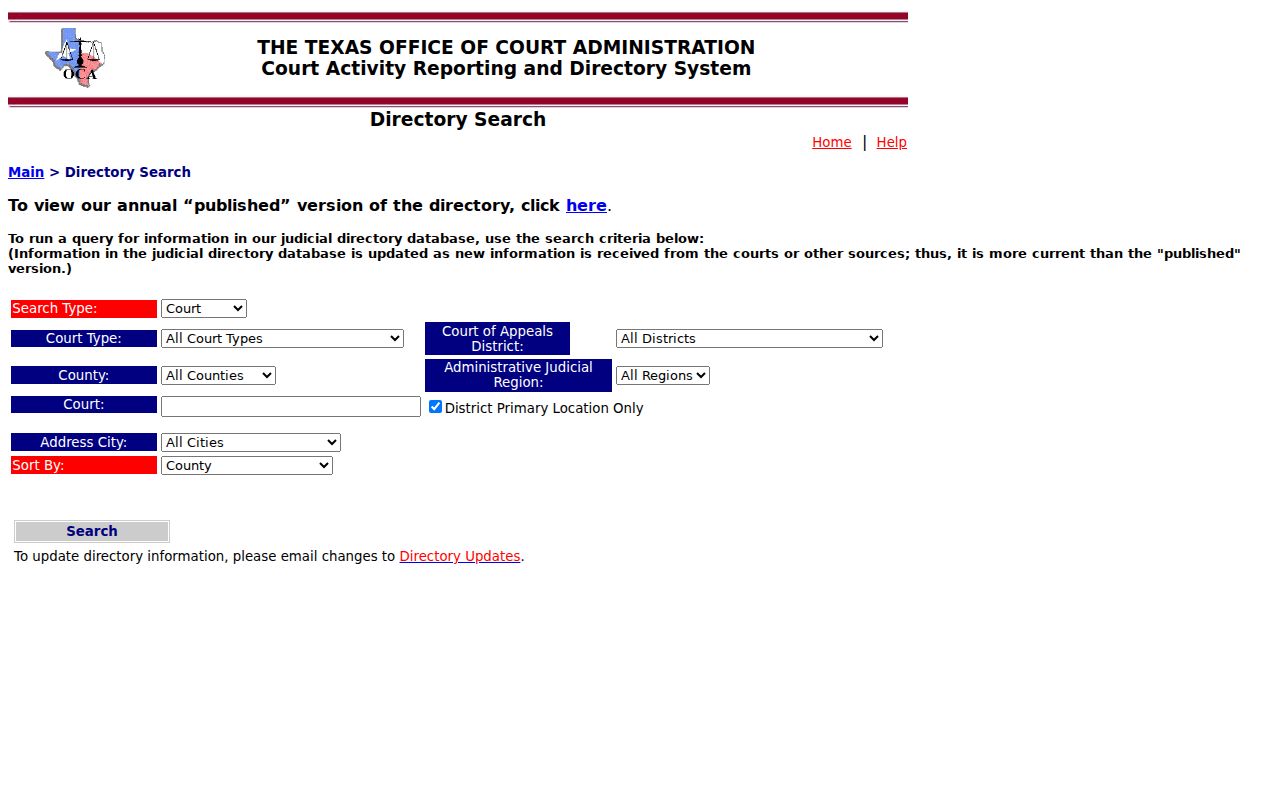 King County warrant search context: Texas OCA court directory fields